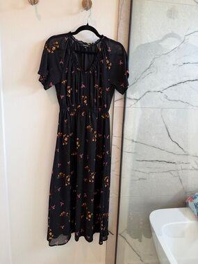 Madewell Black Midi Dress with Orange & Pink Floral Print